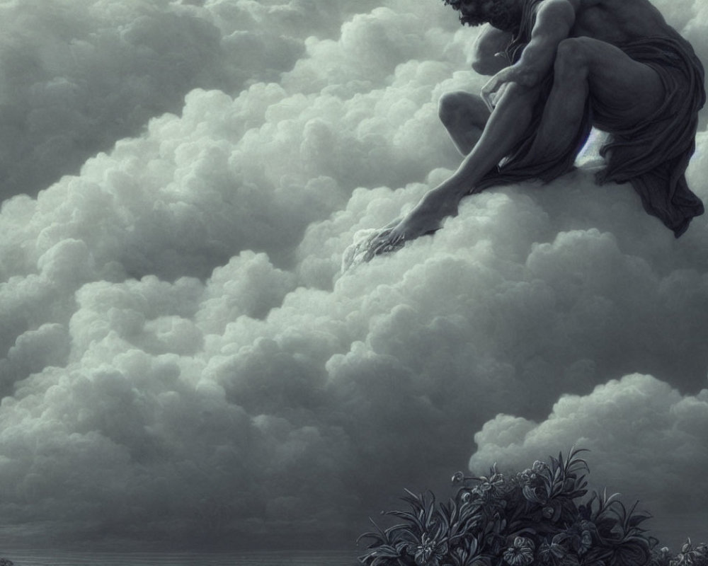 Monochromatic illustration of pensive figure on cloud with lush foliage