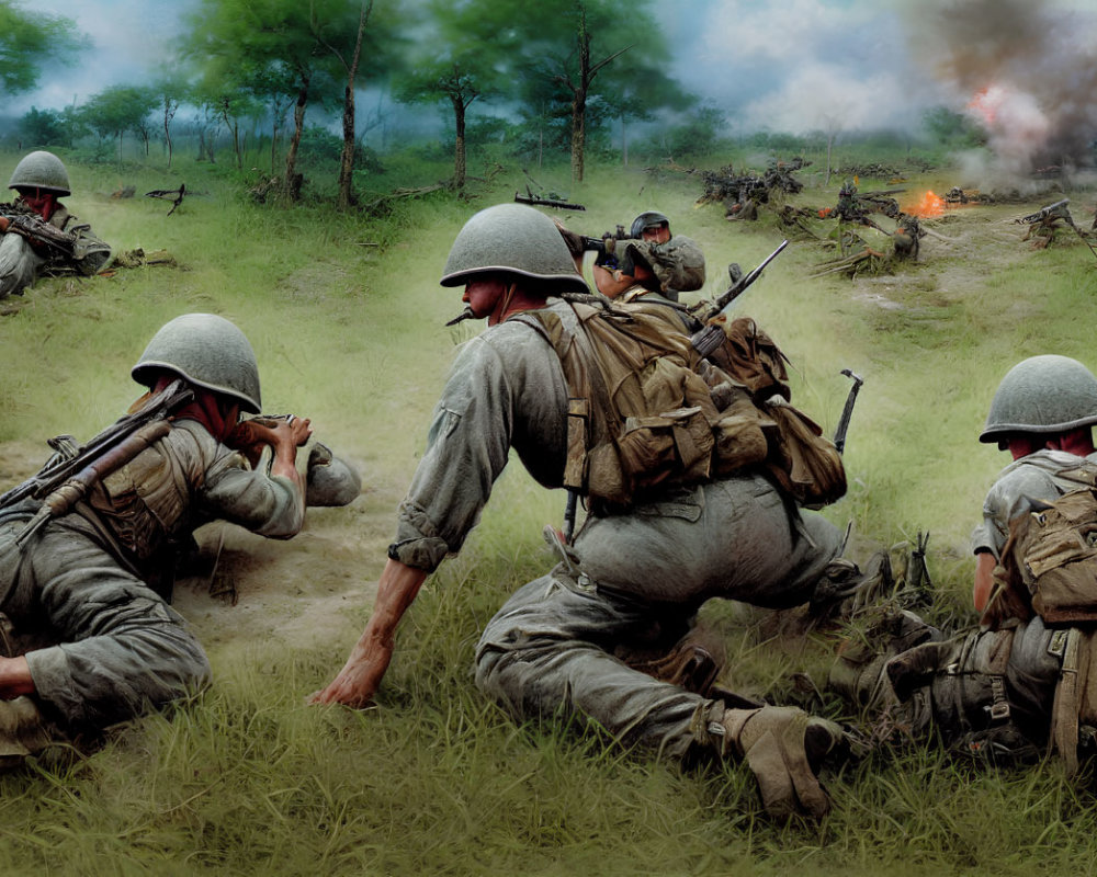 Military soldiers in helmets and combat gear advancing and lying prone in grassy field under fire.