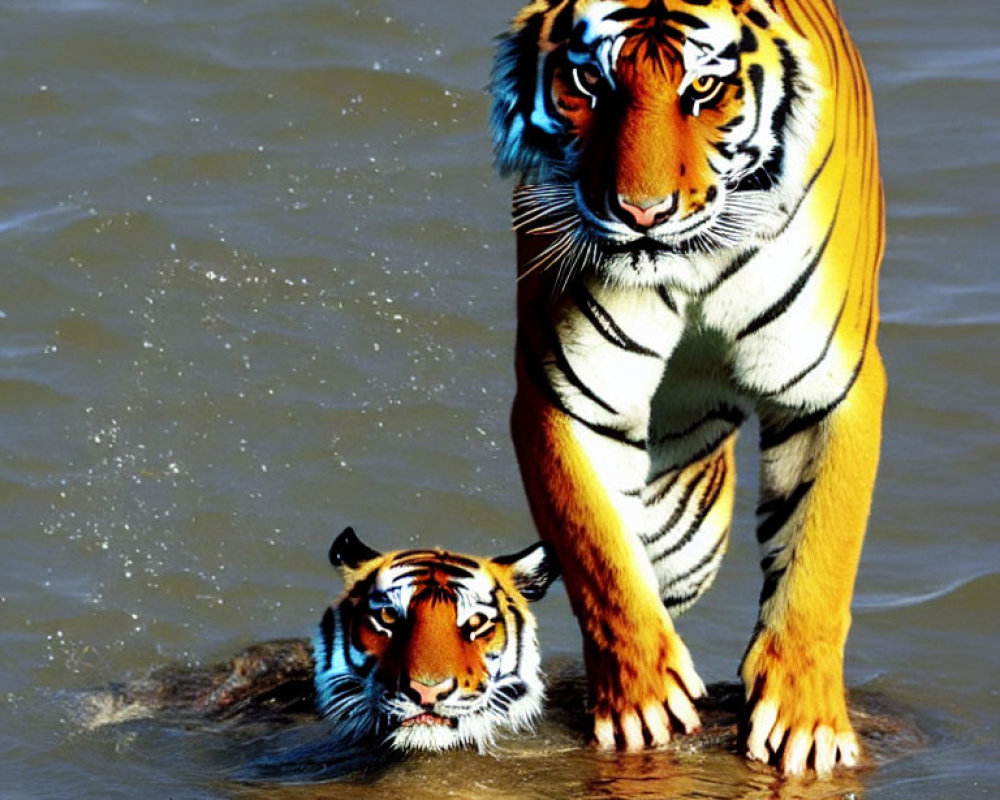 Tiger and Cub Wading Through Water in Nature