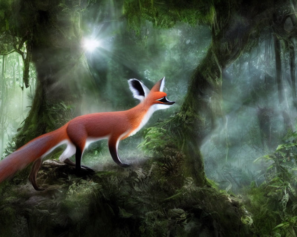 Stylized fox in enchanted forest with mist and sunlight.