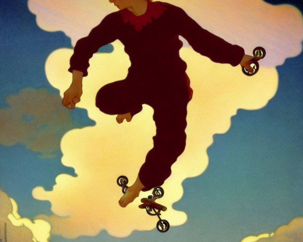 Silhouetted person performing bike stunt in sky with spectators below