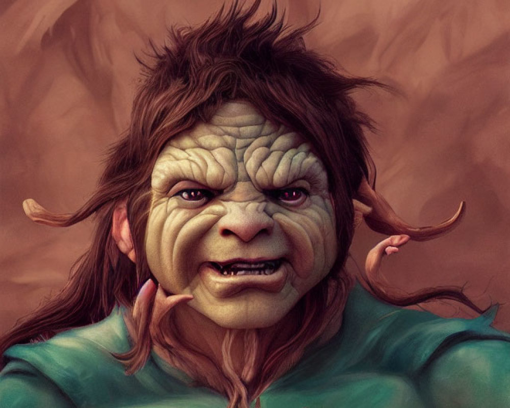 Detailed illustration of green-skinned troll with pointed ears and sharp teeth in desolate landscape