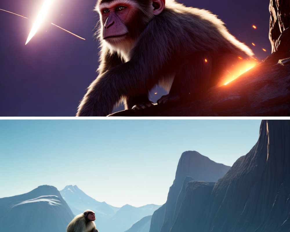 Baboon observing meteor shower and serene mountain landscape