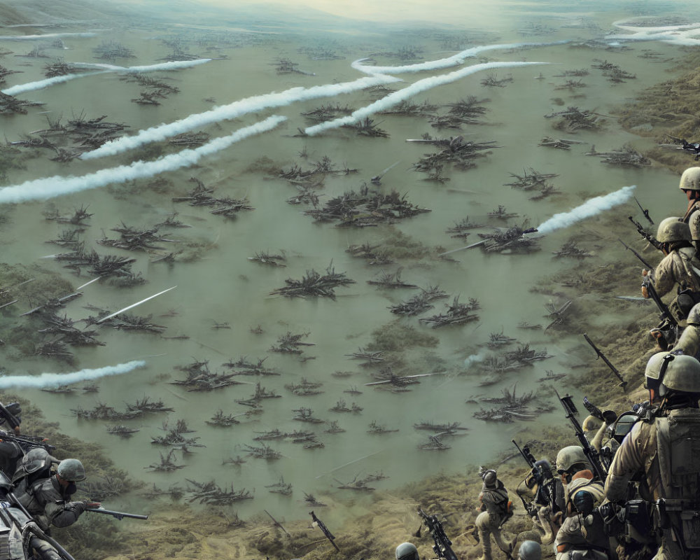 Futuristic soldiers observe aerial battle over hilly terrain