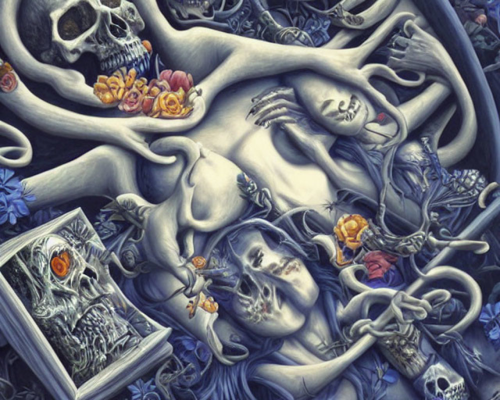 Intricate Gothic Artwork Featuring Human Figures, Skulls, Tentacles, Flowers, and a