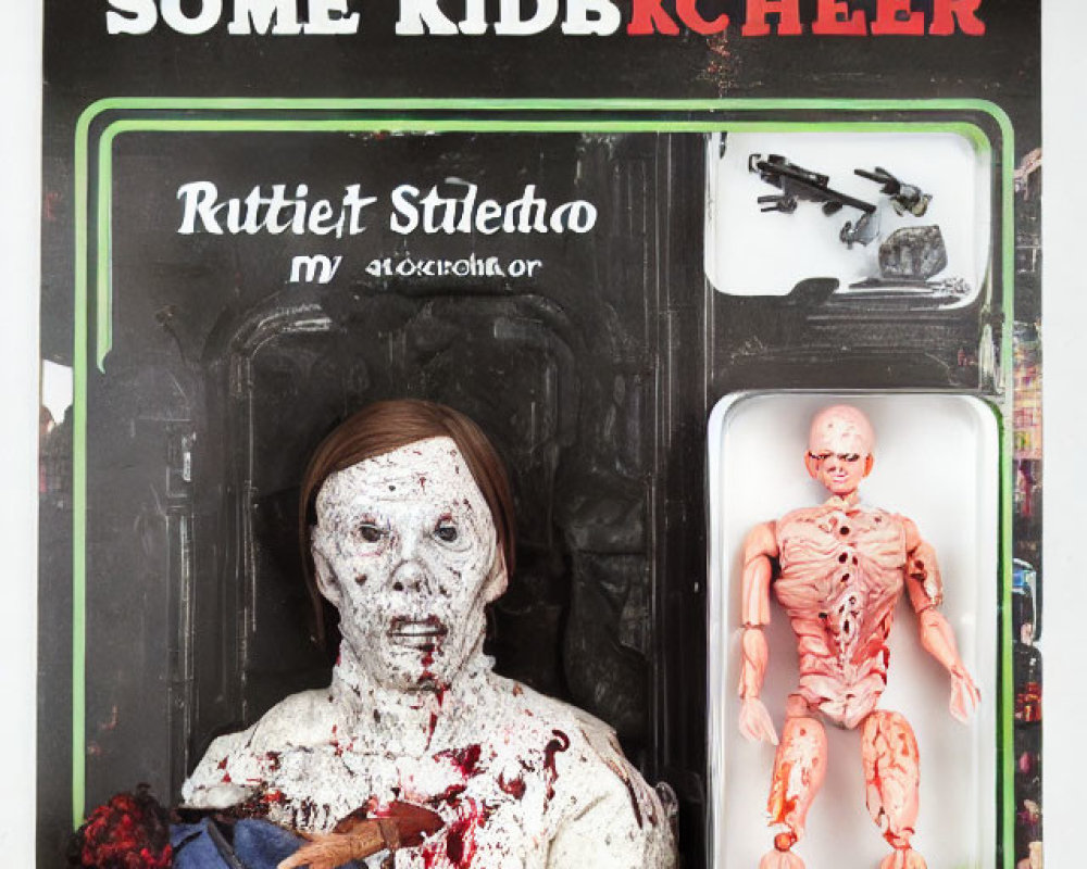 Zombie-themed horror action figure with blood stains, weapon, extra body parts, and handgun.