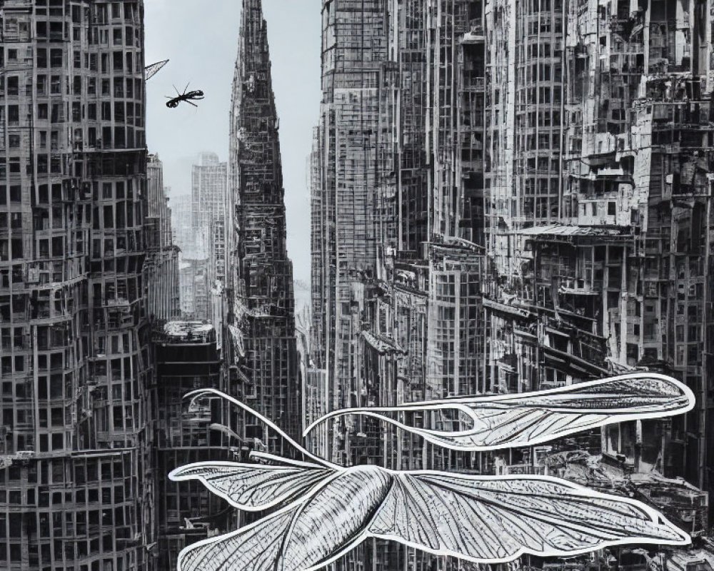 Monochrome cityscape with giant dragonfly wings and skyscrapers