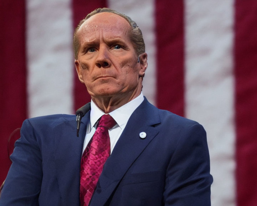 Man in suit with blue tie and pin against American flag background looks serious.