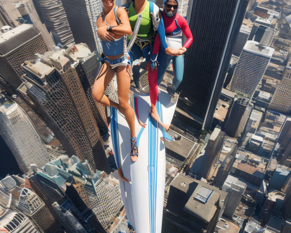 Three people posing on skyscraper ledge with city skyline view