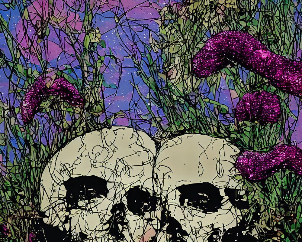 Stylized skulls in tall grass with purple flowers under starry night sky