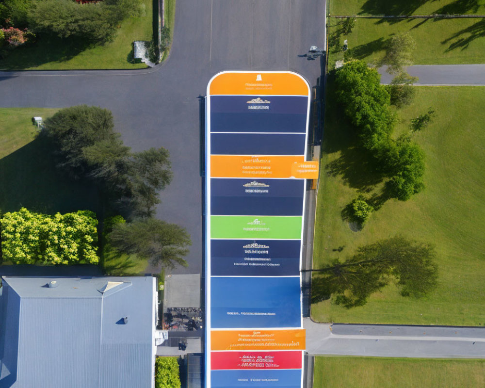 Colorful Road with Parking Spaces and Green Area Seen from Above