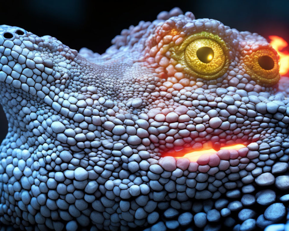 Detailed Close-Up of Textured Reptilian Creature with Golden Yellow Eyes and Glowing Red Mouth