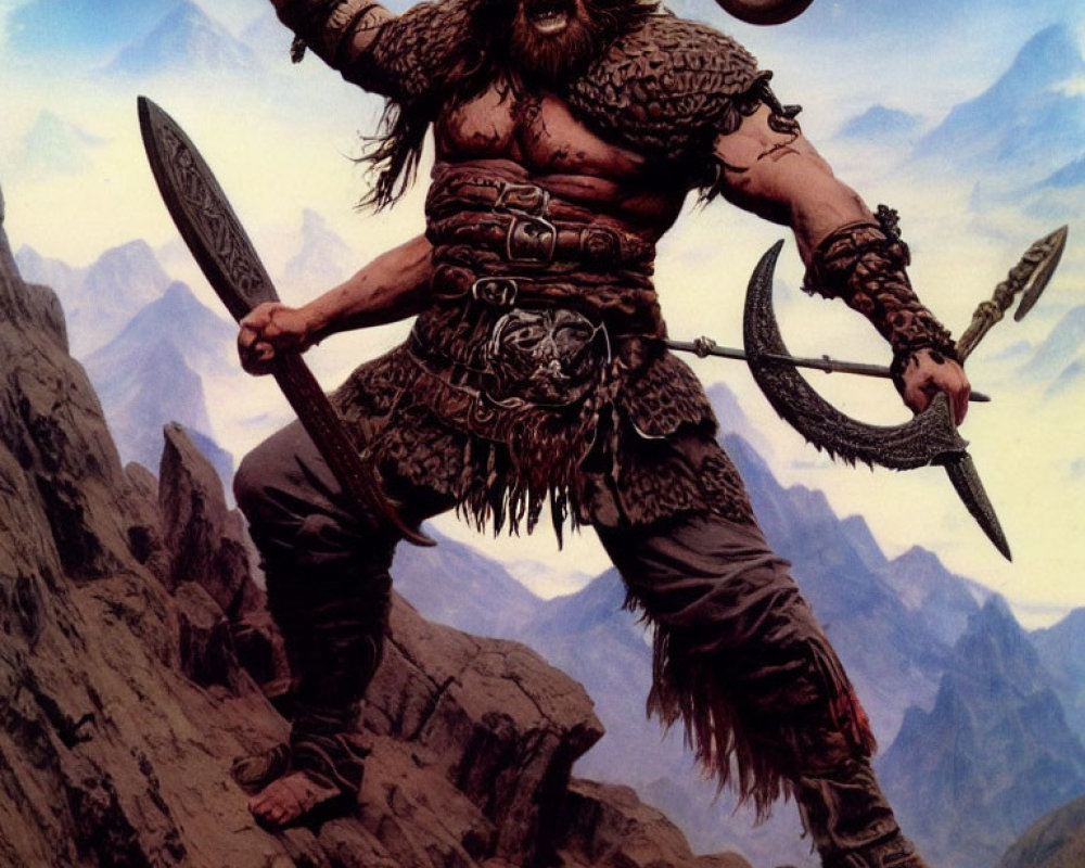 Fantasy barbarian with sword and axe in mountainous setting