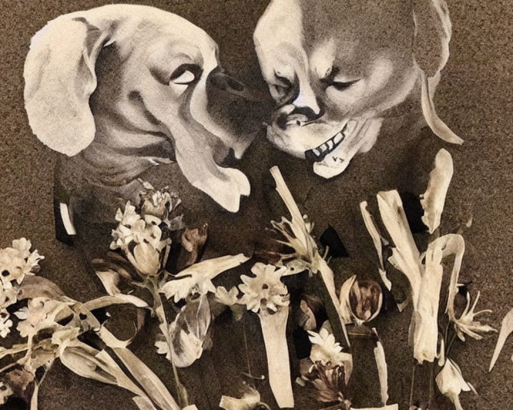 Sketched Dogs with Expressive Faces and Dried Flowers on Textured Background