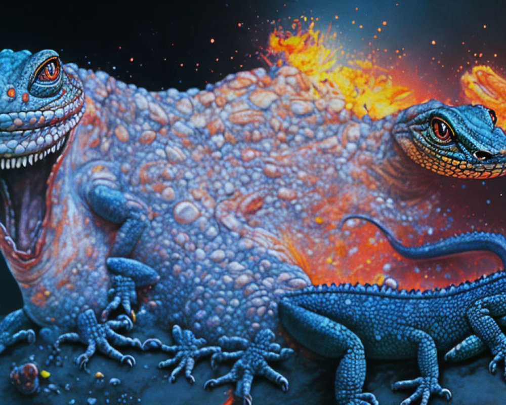 Colorful fantasy lizard artwork with large fiery orange and small blue lizards.