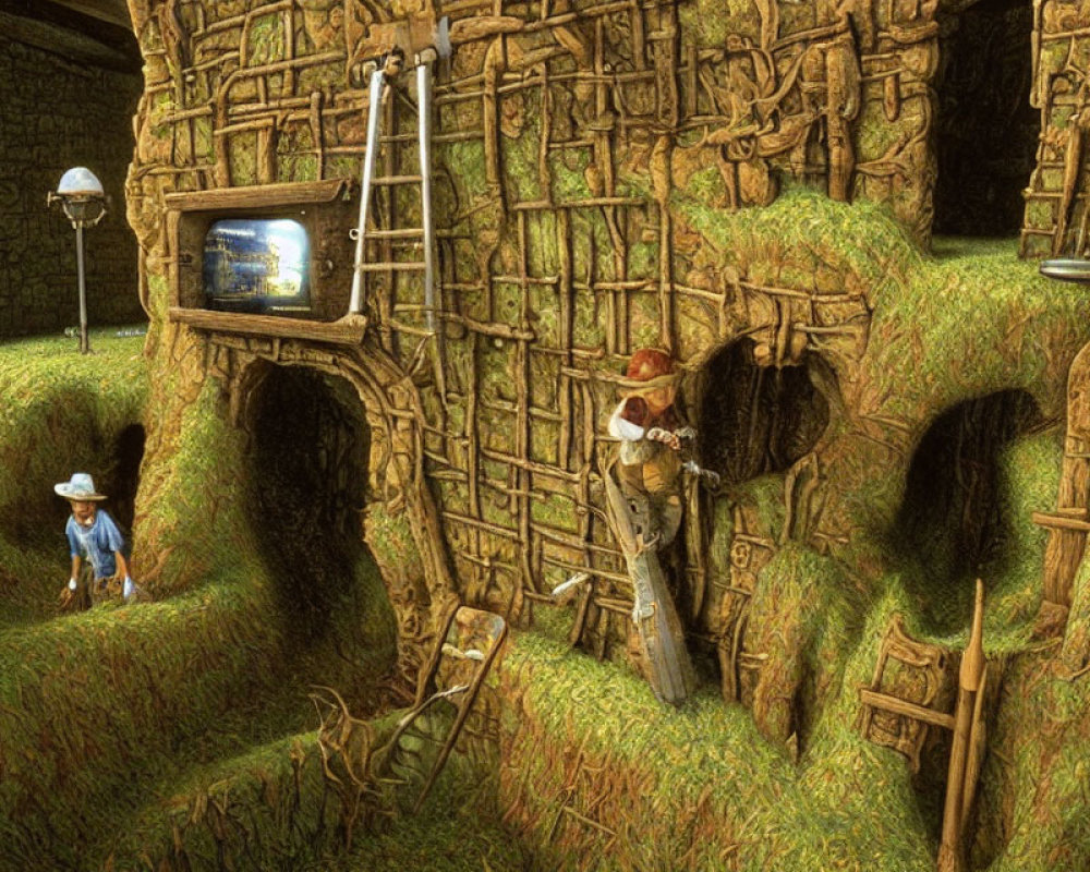 Fantastical illustration of two people in a book labyrinth with integrated TV and lamp