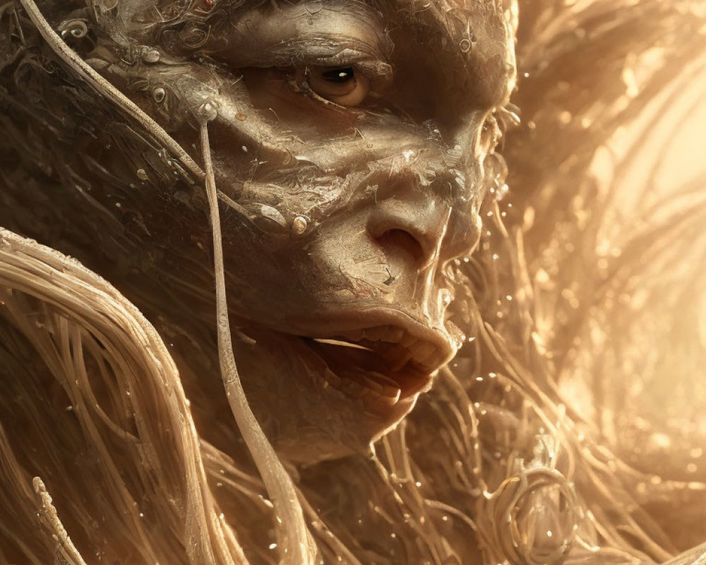 Fantasy humanoid creature with golden textured skin in swirling environment