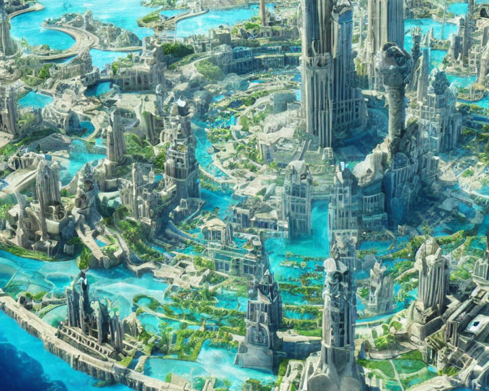 Fantastical cityscape with crystal-clear waterways and towering spires