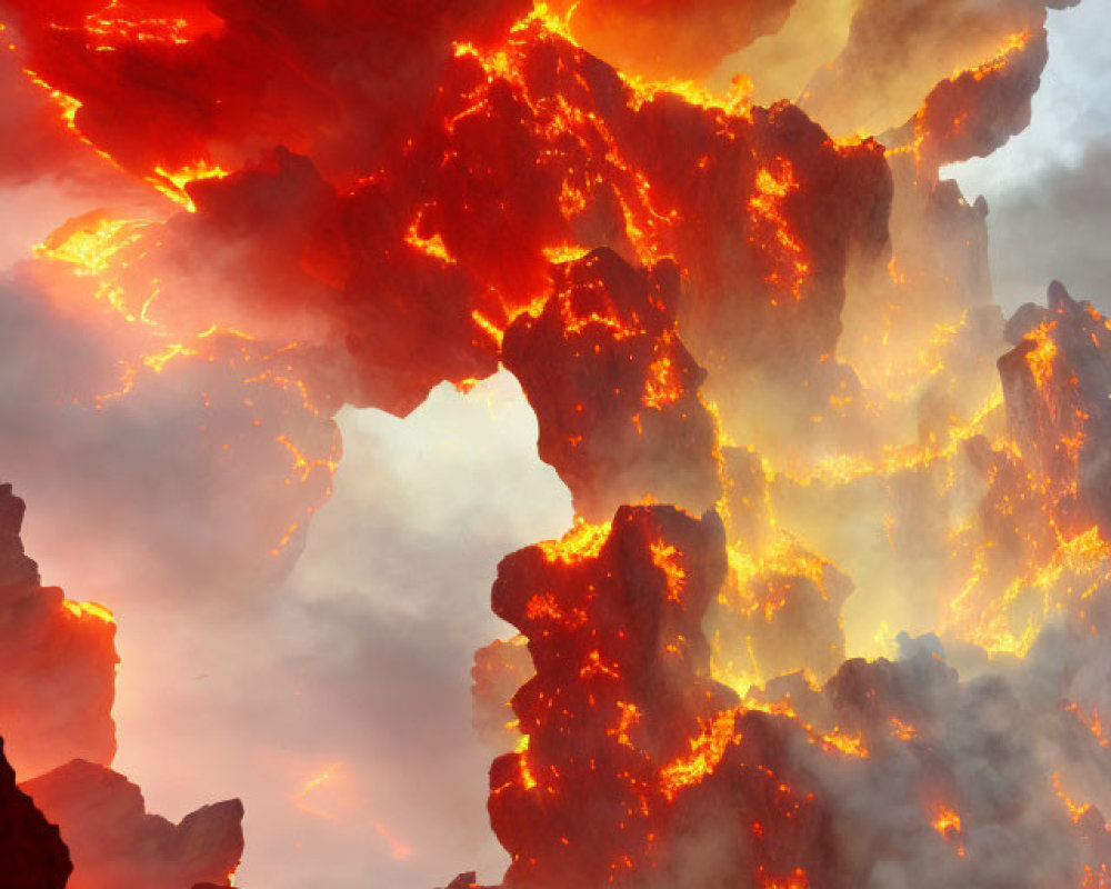 Volcanic eruption with fiery lava flow and smoke amidst rocks