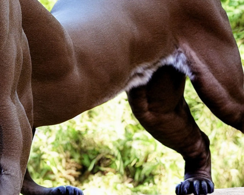 Muscular brown-coated dog in plank position on wooden surface