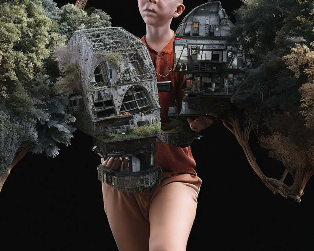 Surreal portrait with bald head and miniature house and trees