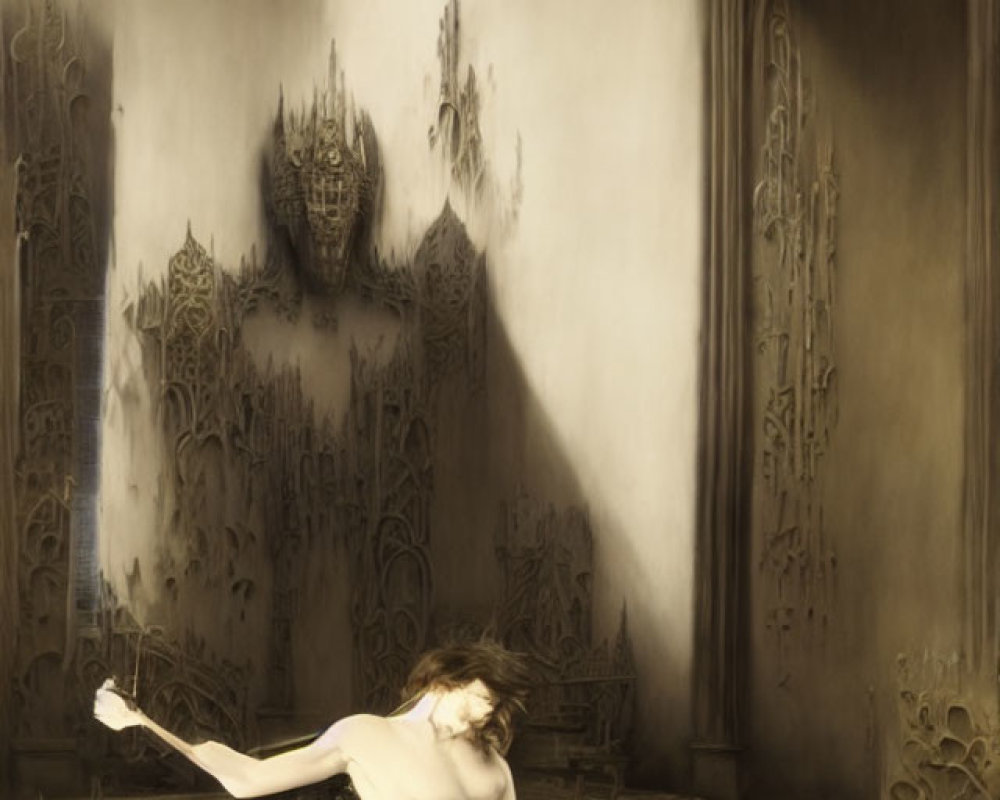 Nude female figure on reflective surface with gothic architecture in background