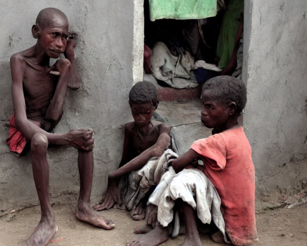 Three Malnourished Individuals in Tattered Clothing Sitting in a Doorway