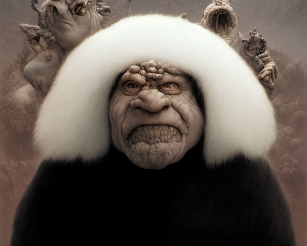 Large White-Haired Creature with Human-Like Face and Grotesque Figures in Surreal Scene