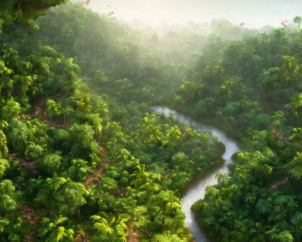 Serene forest scene with river, sunlight, and birds in misty air