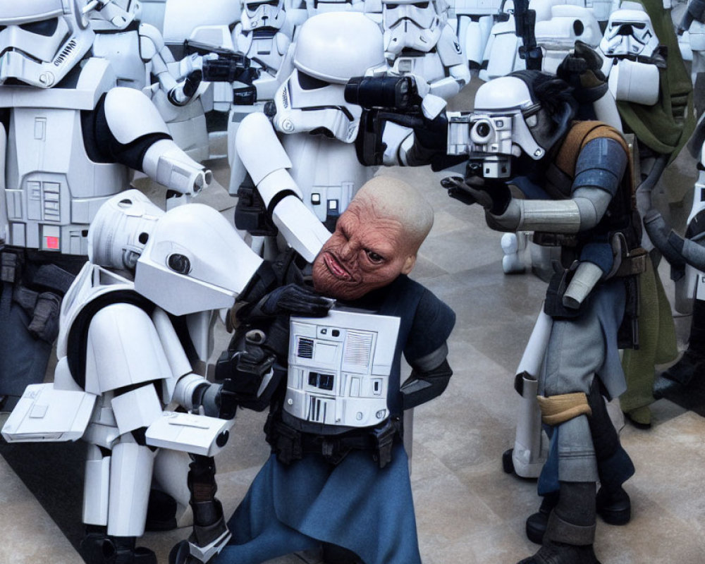 Alien mask person playfully restrained by Stormtroopers in costume