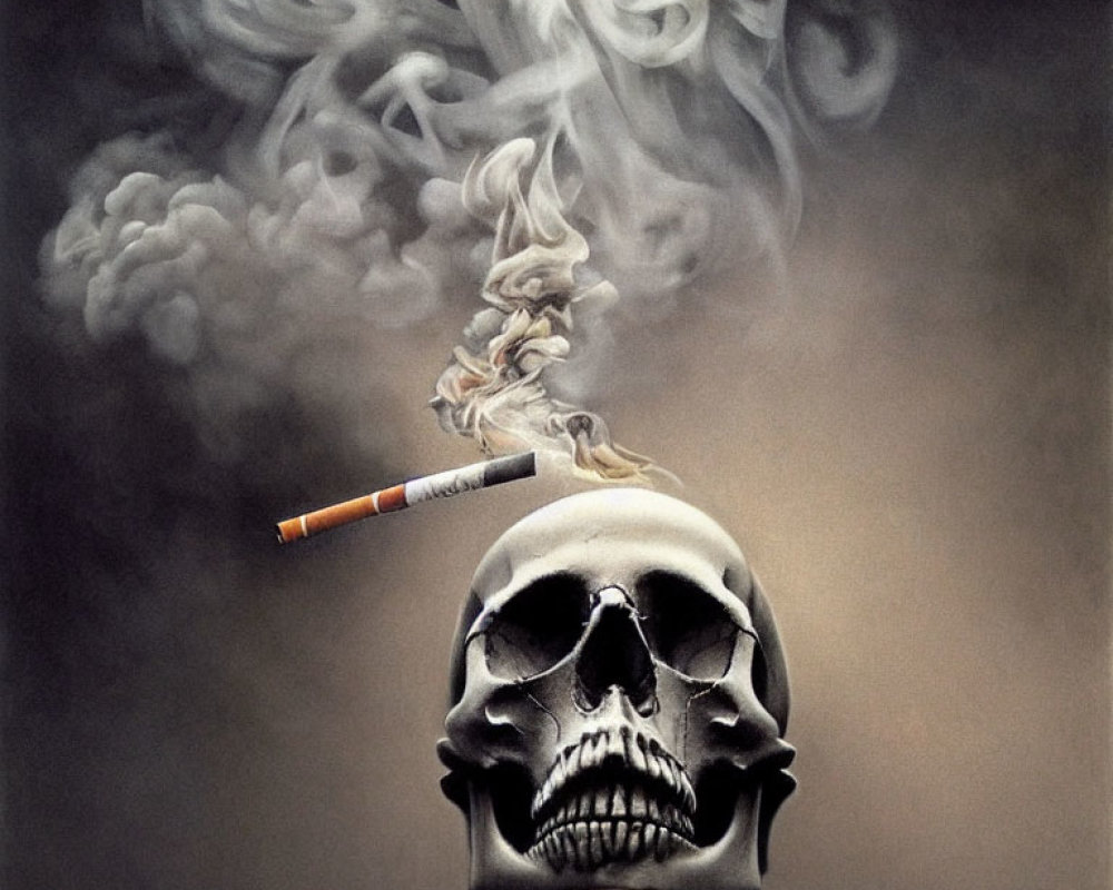 Lit cigarette on human skull emitting swirling smoke