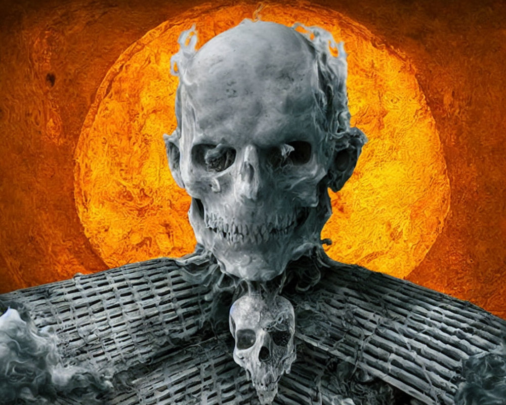 Menacing skull with eerie glow against fiery orange backdrop.