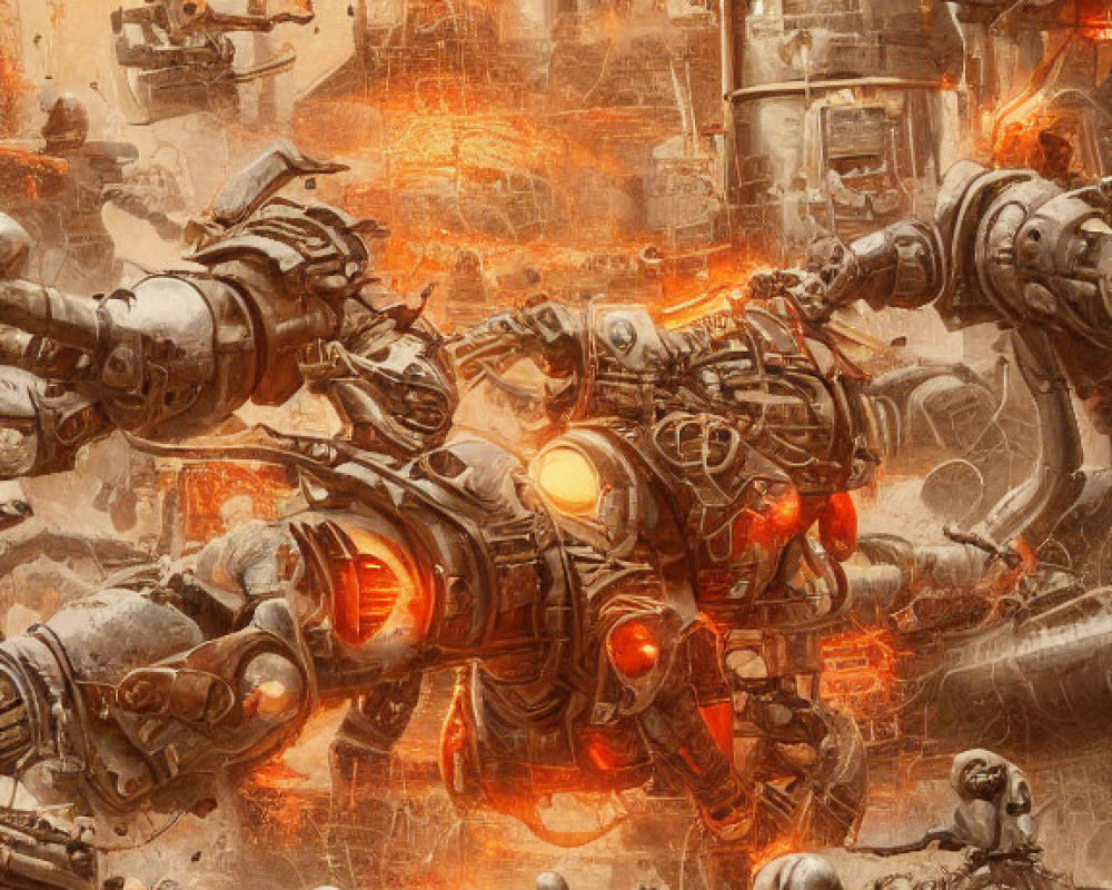 Futuristic soldiers battle large robots in fiery industrial setting