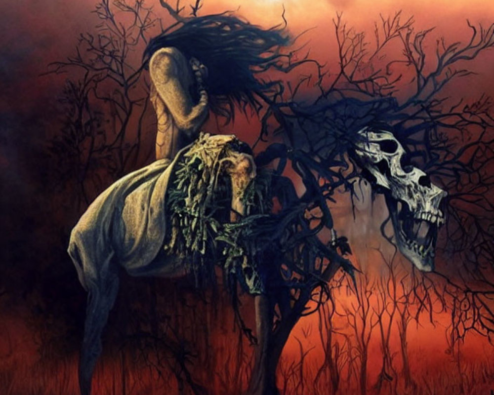 Skull-faced figure on skeletal horse in eerie sunset landscape