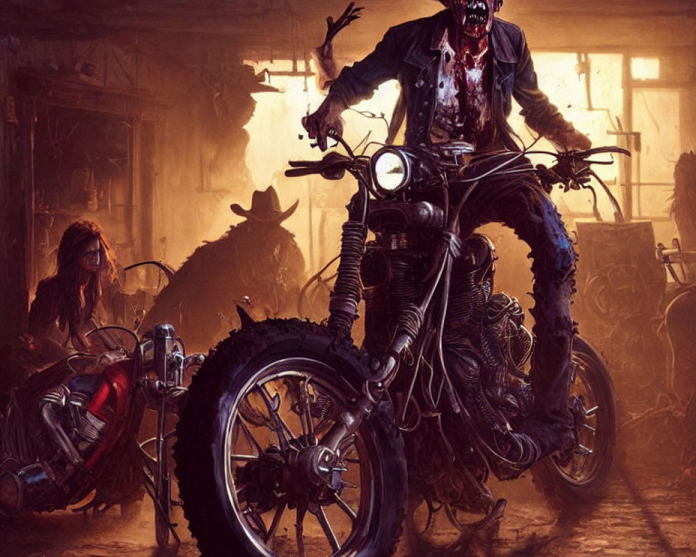 Skeletal figure on motorcycle with shadowy characters in dark, gritty setting