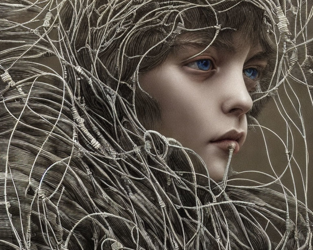 Close-up of person with blue eyes and metallic wire headpiece