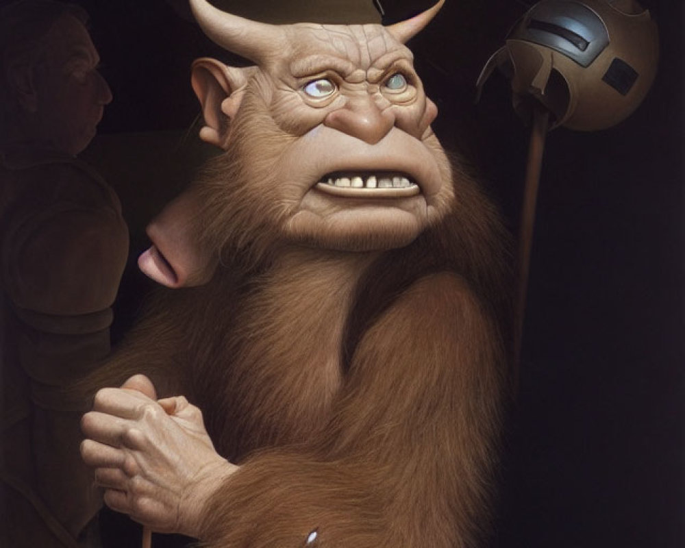 Fantasy creature illustration with orangutan-like features and viking helmet holding staff.