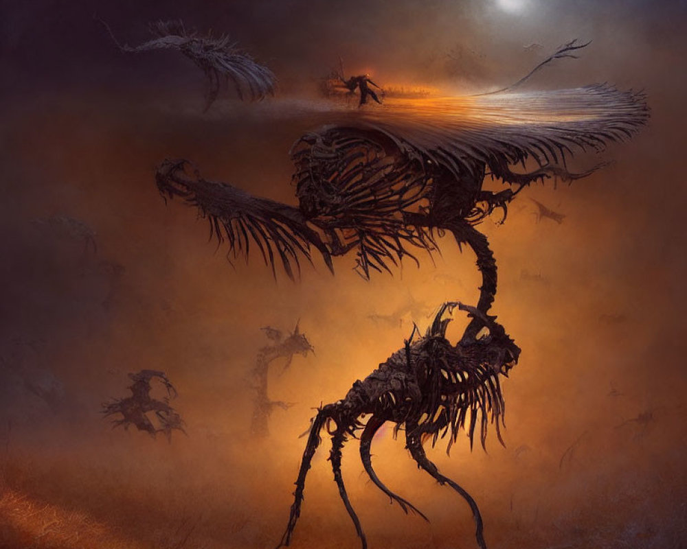 Elongated skeletal creatures in misty moonlit landscape