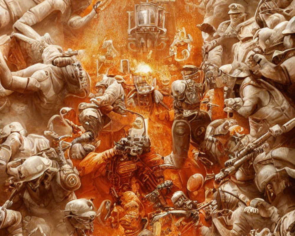 Fiery space marine battle with central figure exploding