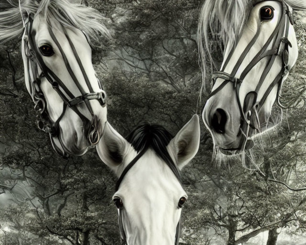 Intense horse expressions over barren landscape with leafless trees