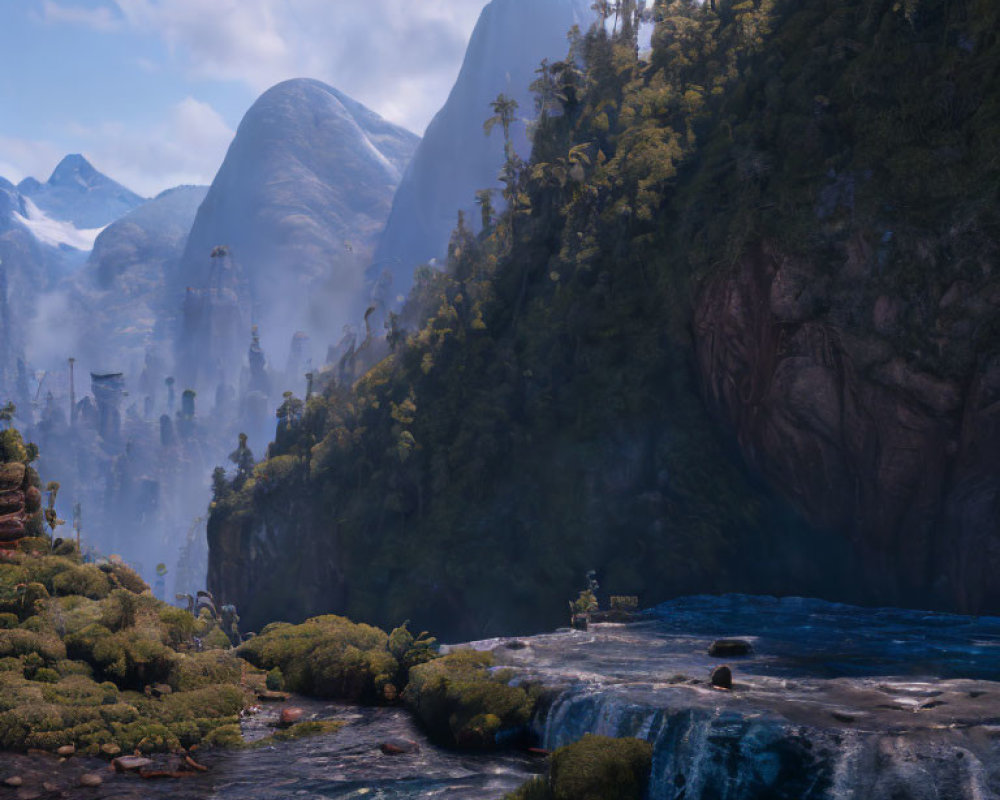 Landscape with waterfall, lush greenery, and mountains in mist