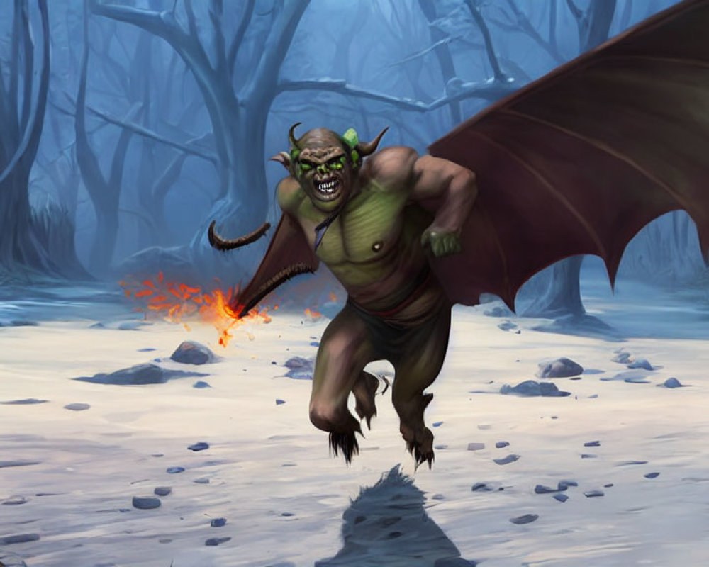 Green-skinned creature with bat-like wings and horns breathing fire in a gloomy forest.