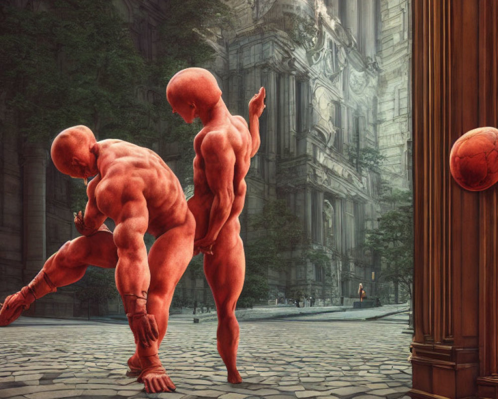 Surreal muscled humanoid figures in classical architecture setting