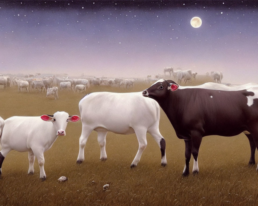 Tranquil pasture scene with cows, sheep, stars, and crescent moon