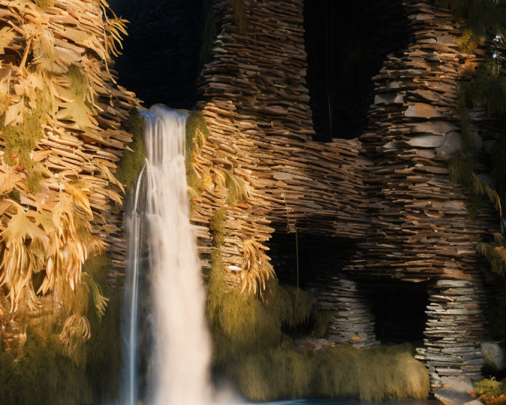 Serene artificial waterfall cascading over rugged rocks