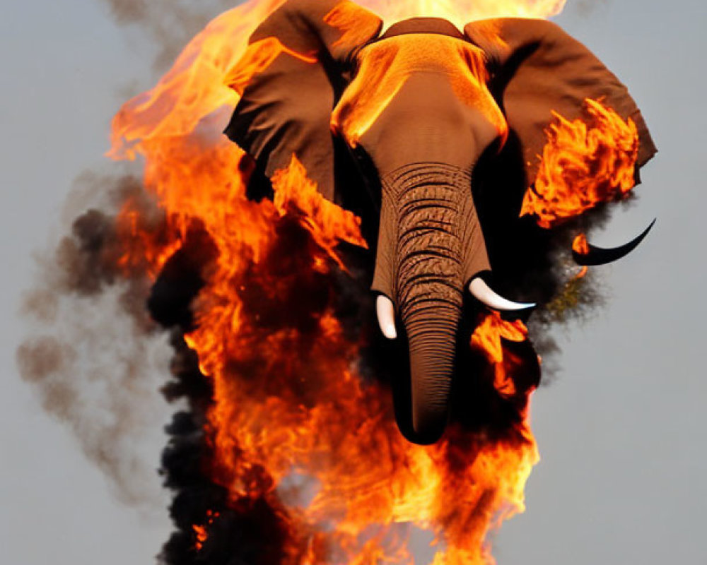 Elephant engulfed in flames with billowing smoke scene