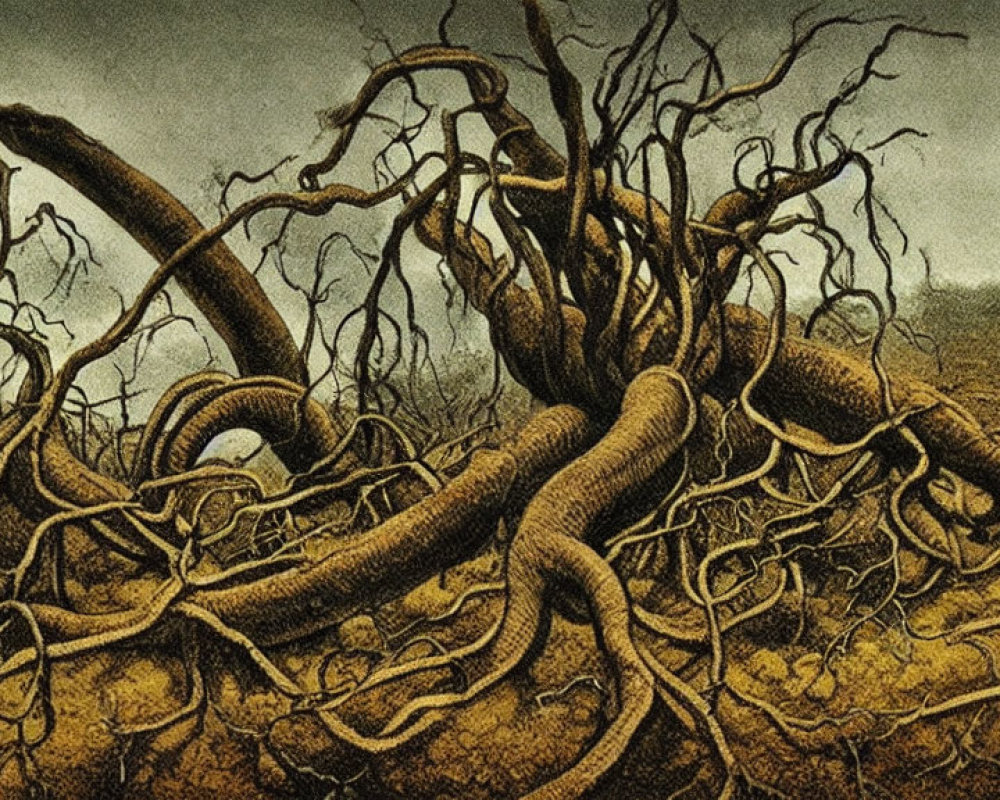 Detailed Illustration: Gnarled Tree Roots Spreading on Dry Soil Under Cloudy Sky