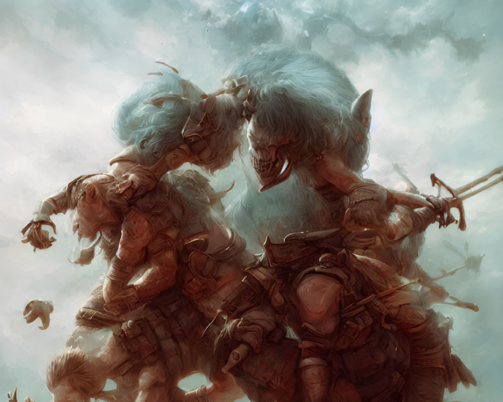 Fierce orc warriors in brutal fight against cloudy sky