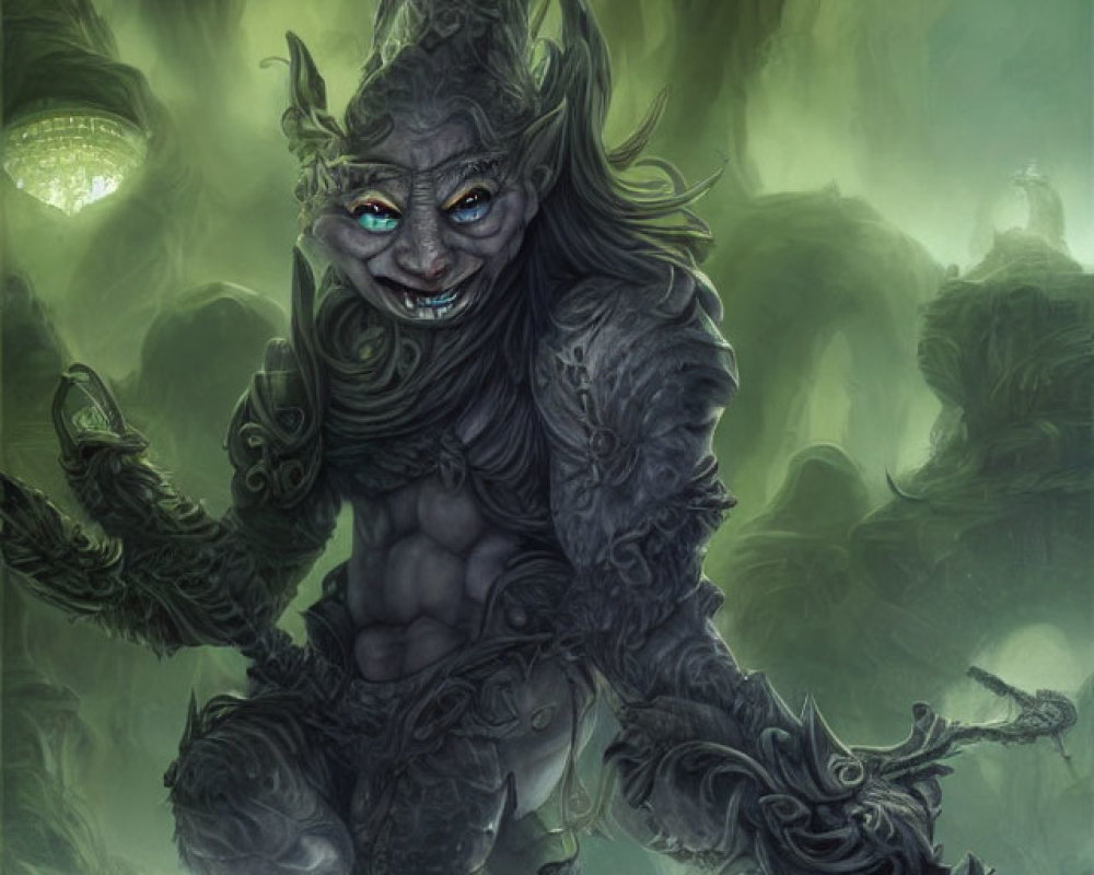 Blue-skinned creature with pointed ears and tribal markings in misty forest