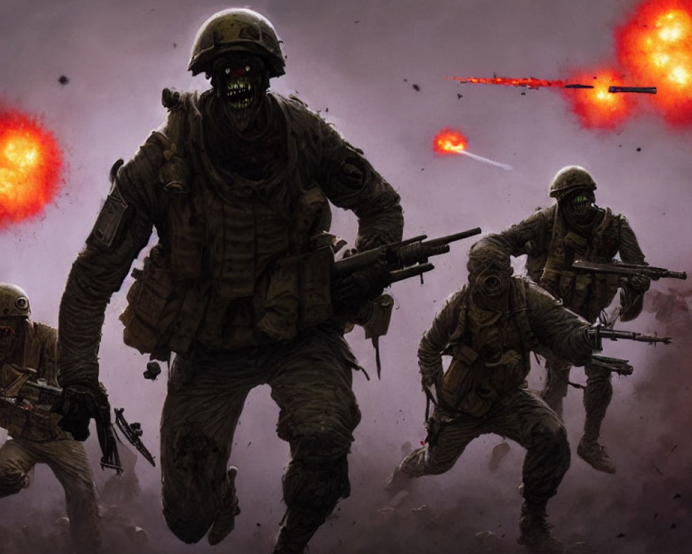 Menacing soldiers with skull-like faces charging amid explosions and modern military gear.